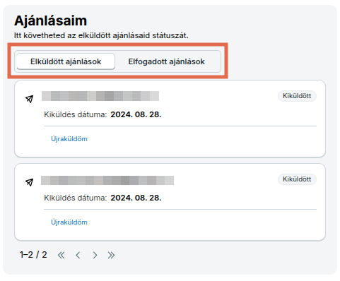 Ajánlásaim – Elküldött ajánlások és Elfogadott ajánlások