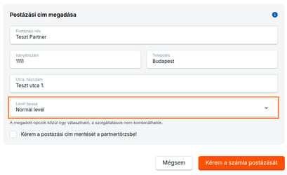 A számla postázási adatainak ellenőrzése a postára adáskor