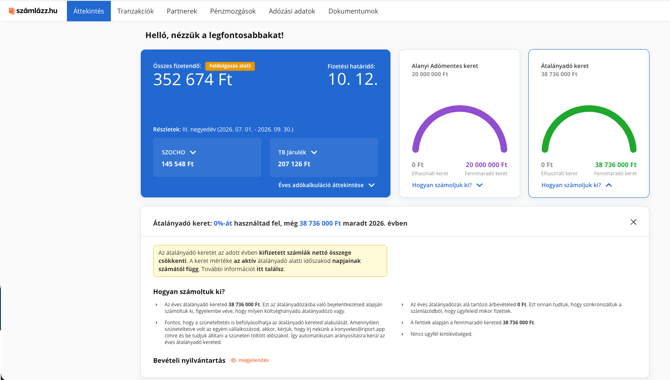 Online könyvelő Áttekintés oldala